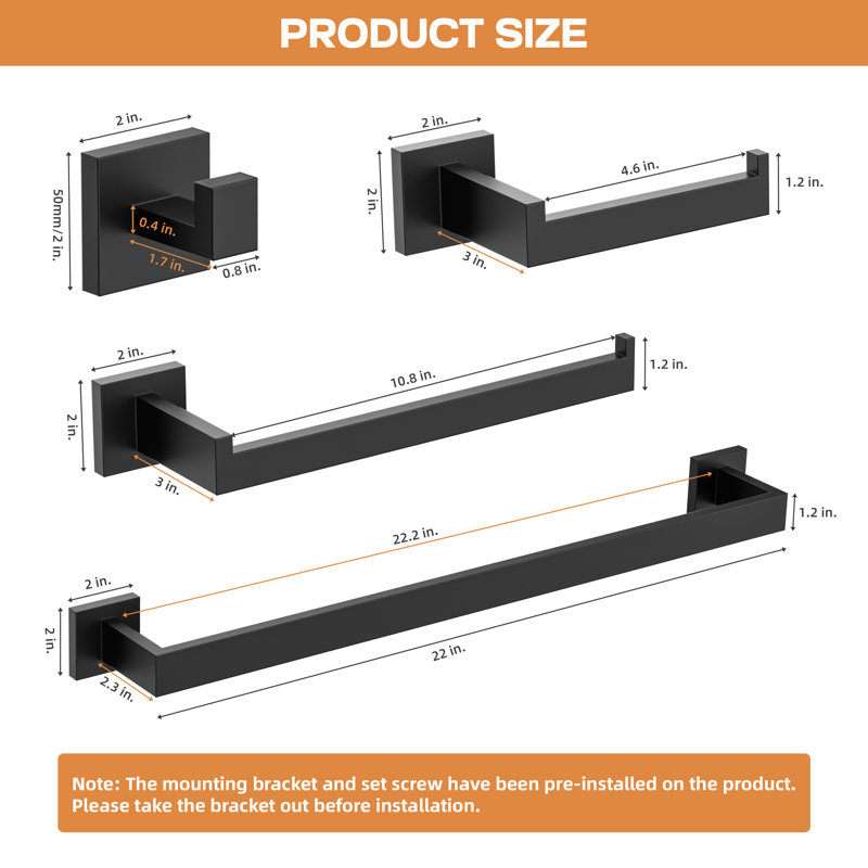  4 - Piece Bathroom Hardware Set, SUS 304 Stainless Steel, Rust-Resistant, Quality-Tested, Matte Black