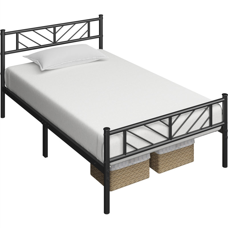 Minimalist Metal Slatted Bed Platform with Arrow Design Headboard, Single (3'), Black