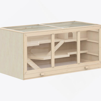 PawHut Extra Large Wooden Hamster Cage, Gerbil Cage, and Other Small Animal Habitat, Hamster Habitat with Opening Roof, Hut, Ramps, Natural