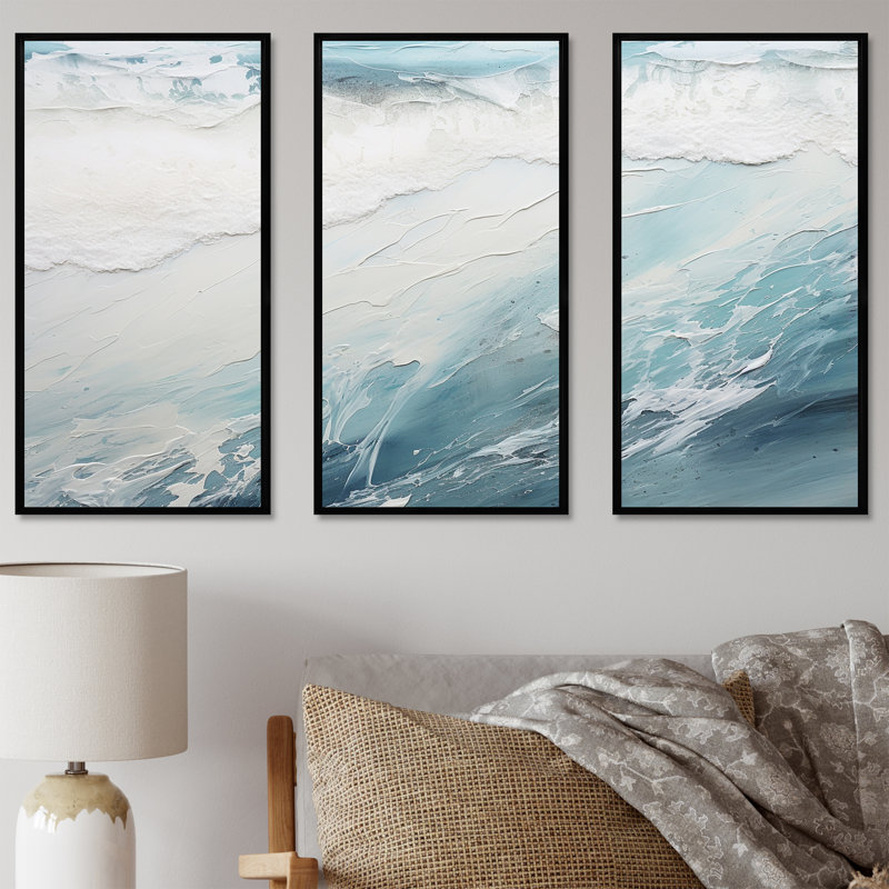 «Soft Color Minimal Beach Wave I», ensemble d'art sur toile de plage, H 28 po x l 36 po x P 1 po, Cadre flottant noir