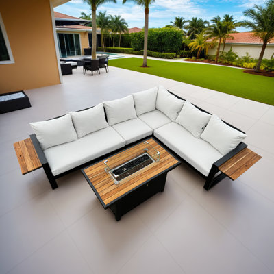 Denver 5-Piece Black Aluminum Outdoor Patio Fire Pit Deep Sectional Seating Set with Cast Natural Cushions by Latitude Run