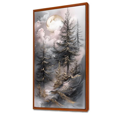 Or gris, pin givré et clair de lune I - Forêt, reproduction encadrée, décoration murale hiver