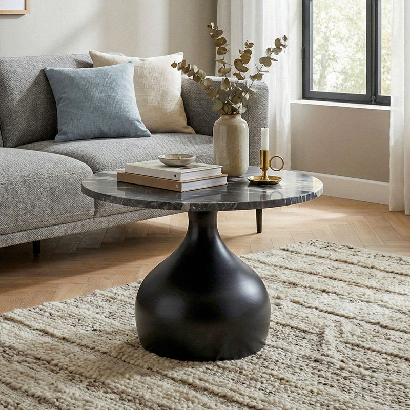 Round Marble Coffee Table with Aluminium Base, 41cm H x 60cm W x 60cm D, Black, Black