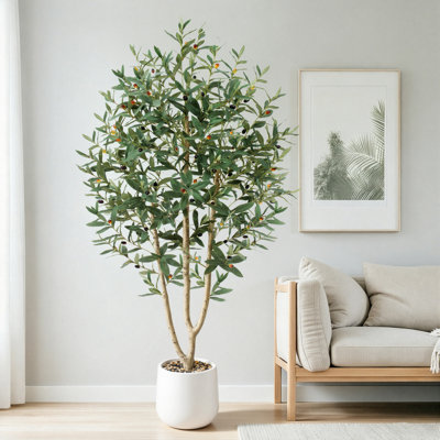 6FT Artificial Olive Tree with Anti-Tip Beige Pot - Faux Olive Tree for Indoor & Outdoor Decor, Lifelike Fake Plant for Living Room, Bedroom & Office
