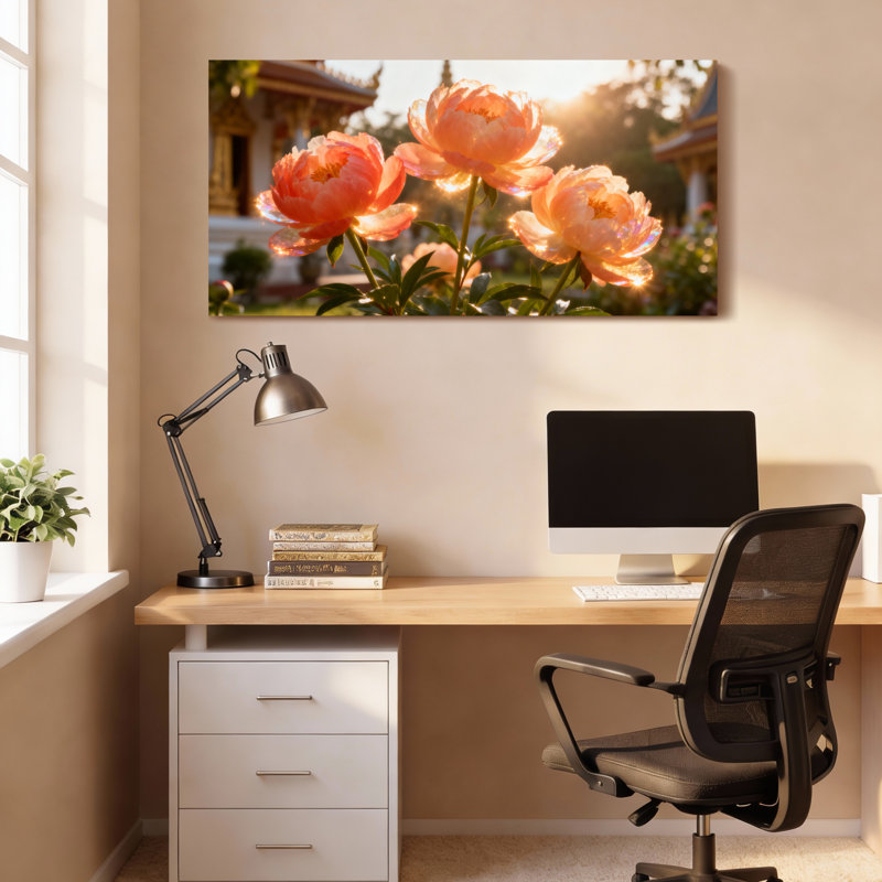 Ensemble de 1 tableau sur toile tendue représentant des pivoines au coucher du soleil dans un jardin, H 24 po x l 48 po