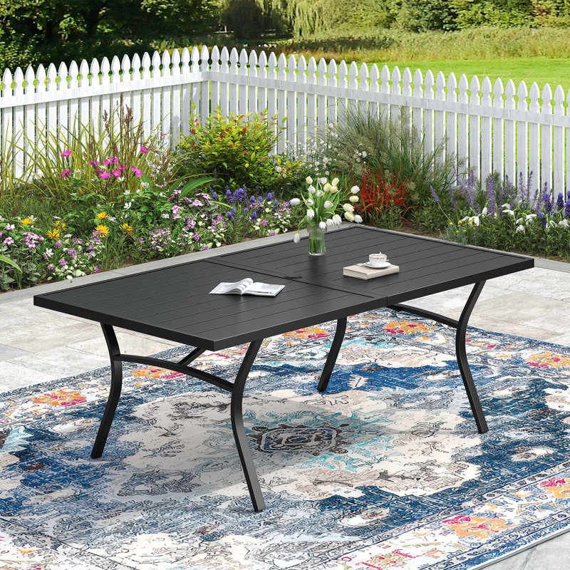 Outdoor Rectangular Patio Dining Table With Metal Frame, Black, 28" H x 70.9" L x 37.8" W