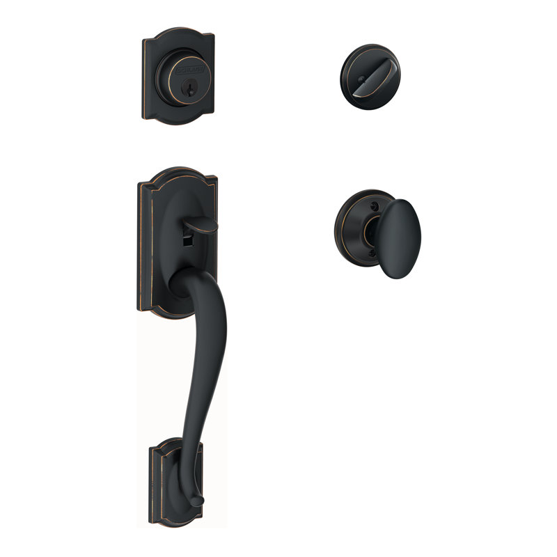 Camelot Handleset with Single Cylinder Deadbolt and Siena Door Knob and Rosette, Aged Bronze