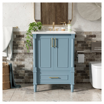 24-Inch Modern Bathroom Vanity in Indigo Blue with Ornate Motif Design and Ceramic Top