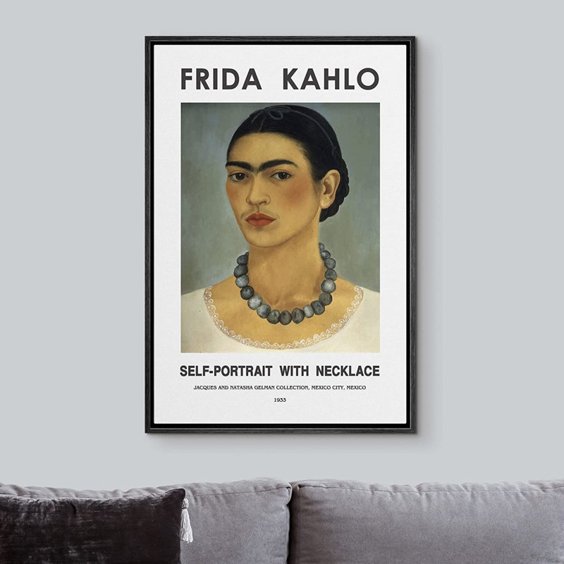 Art mural classique, impression sur toile, autoportrait avec collier, par Frida Kahlo, Noir, H 24 po x l 16 po