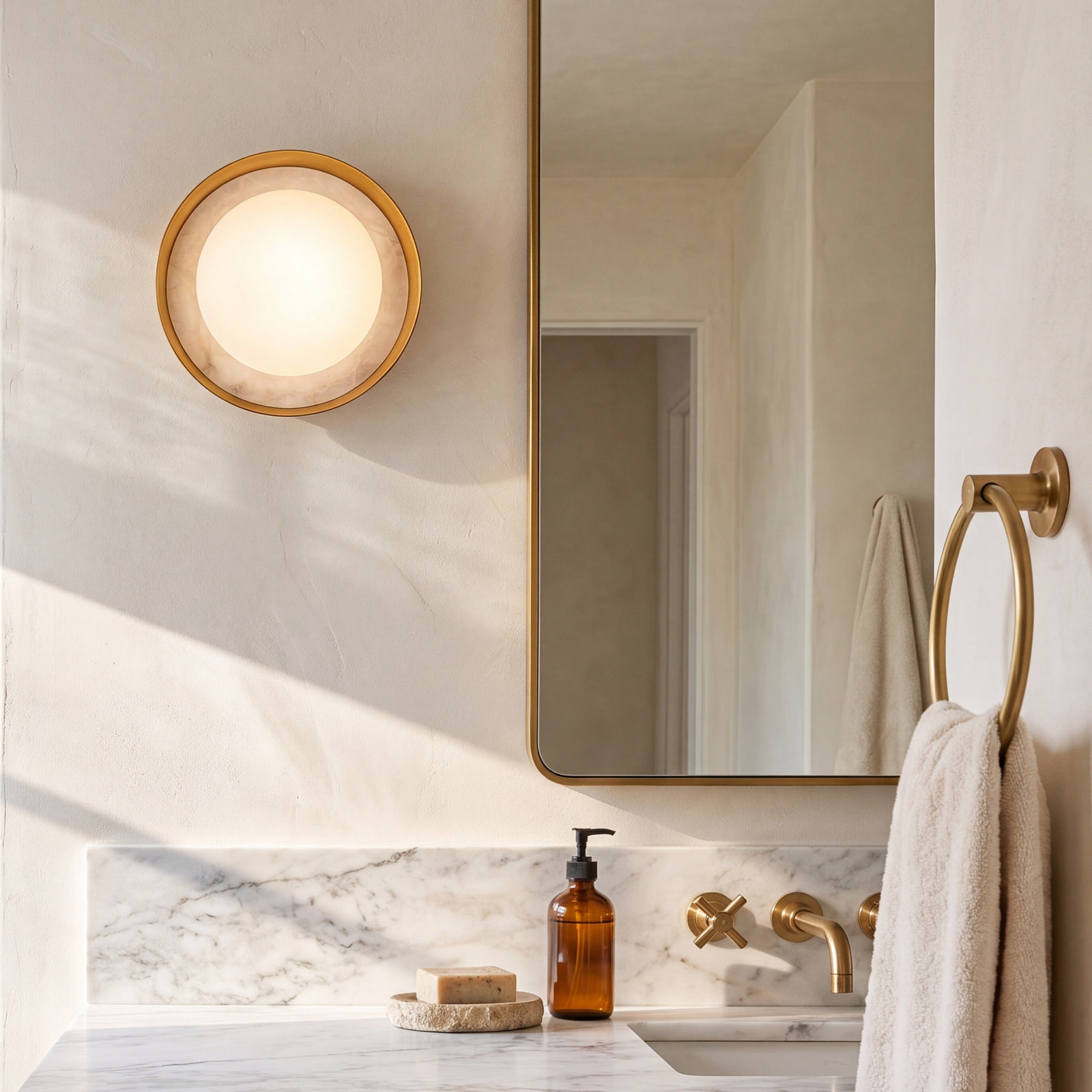 Alonso Single Alabaster Dimmable Bath Sconce, Vintage Brass