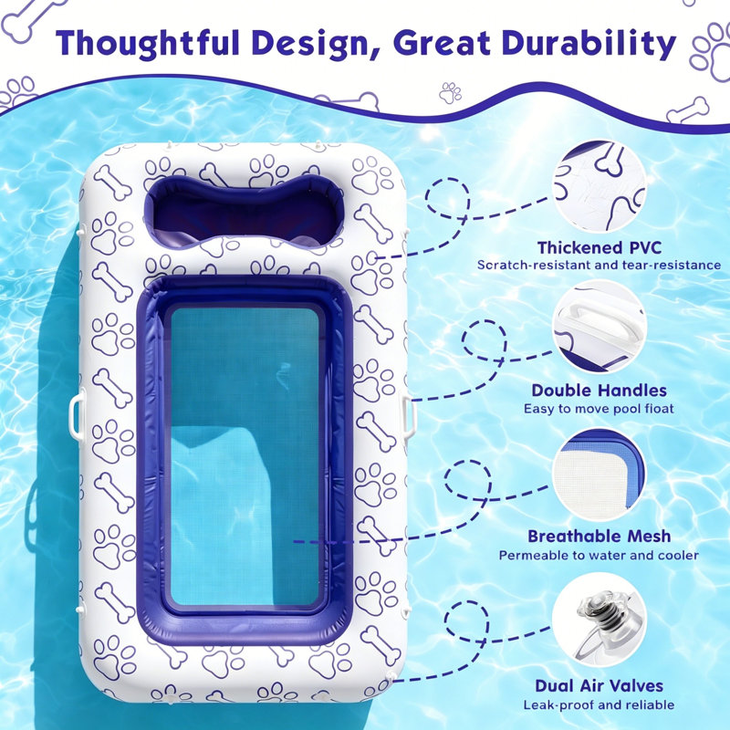 59 x 35 Inch Large Dog Inflatable Pool Float, Mesh PVC Pet Floating Bed with Built-in Storage for Toys & Food, Blue Bone Claw Design Float for Lake Camping