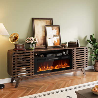 70" Fireplace Tv Stand For Tvs Up To 80", Mid Century Modern Entertainment Center With 36" Electric Fireplace, Media Console With Sliding Slatted Doors