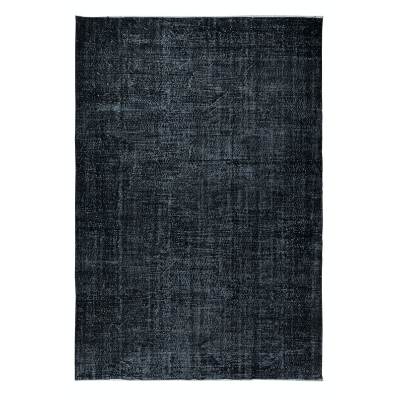 Tapis noir moderne de 7 x 10,2 pi tissé et noué à la main en Turquie