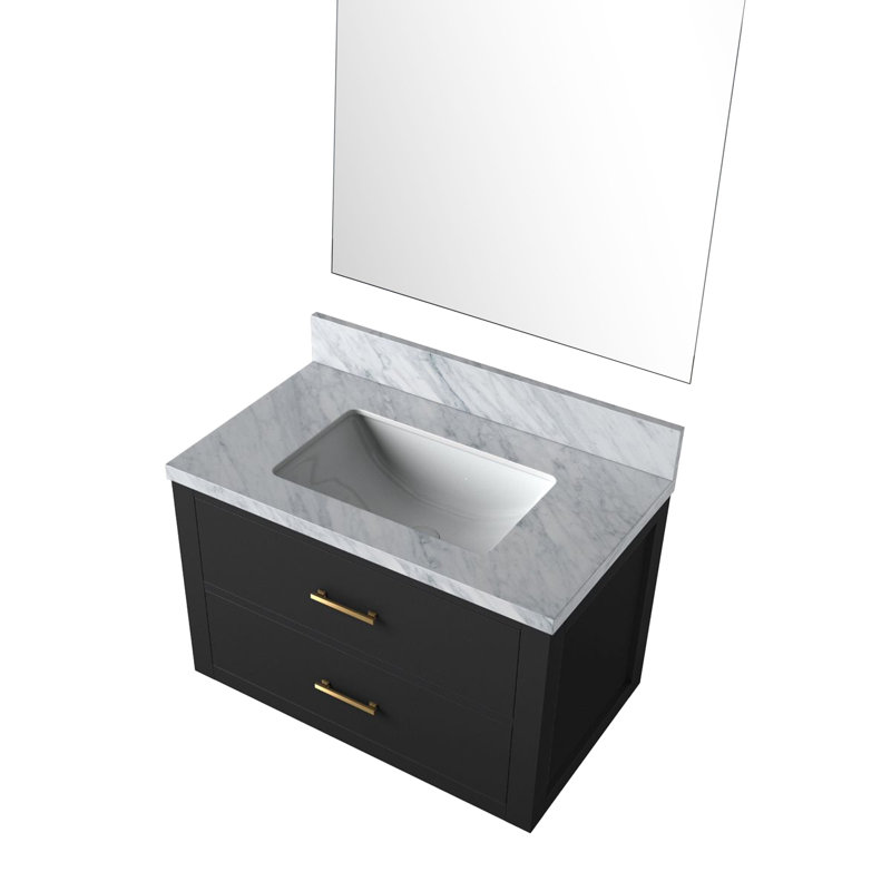 Castor 30 in W x 22 in D Single Bath Vanity and 28 in Mirror, White Carrara Marble, Black
