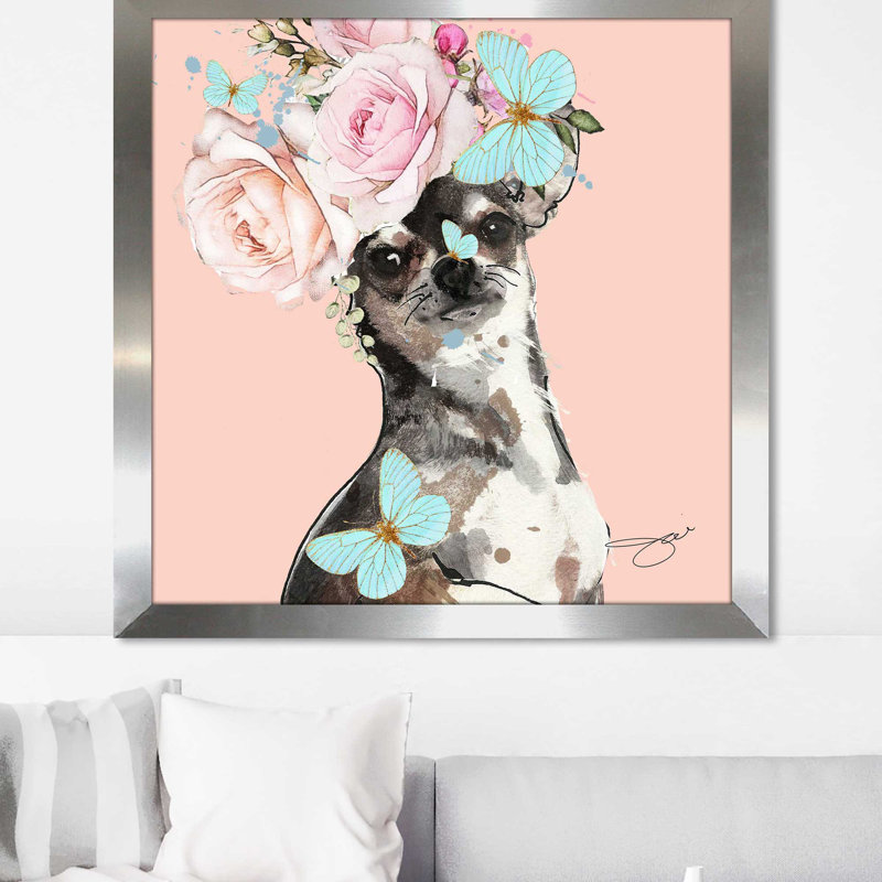 «Flower Chihuahua (Square)» par By Jodi - impression, H 37,5 po x l 37,5 po x P 1 po, Encadrement argenté