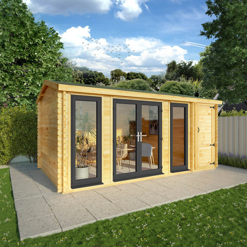 17ft x 10ft Home Office Studio With Side Shed UPVC Windows & Doors (44mm), Grey/Natural Timber