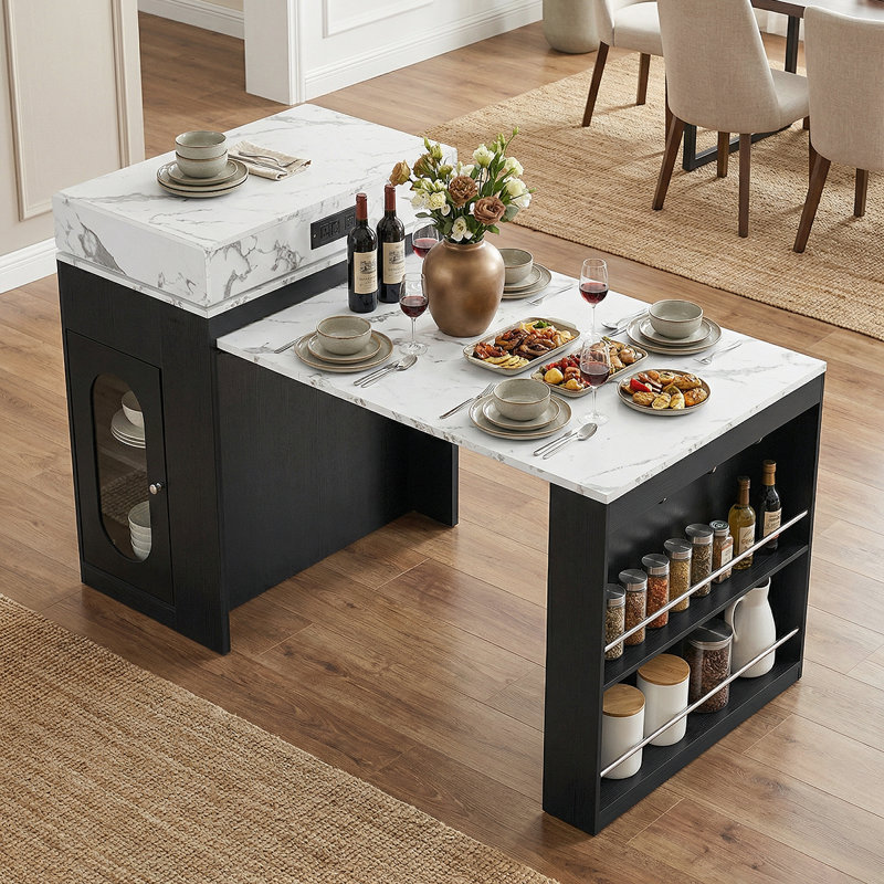 Table de salle à manger pliable avec roulettes cachées et prise de courant multi-ports - Solution d'îlot de cuisine polyvalente