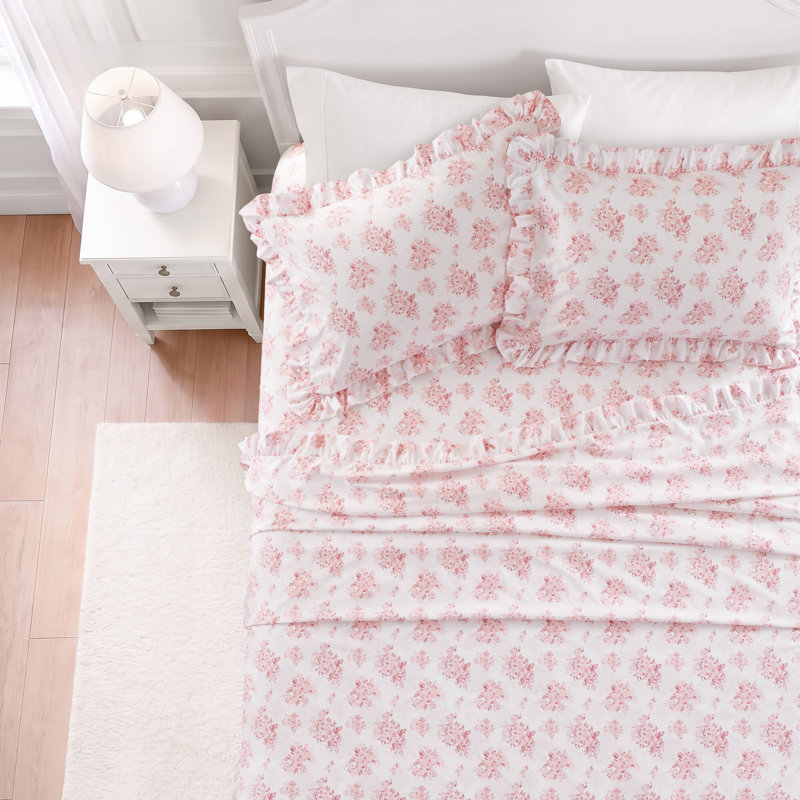 Intelligent Design Microfiber Ruffle MF Print Ruffled Hem Sheets, King, Pink Floral