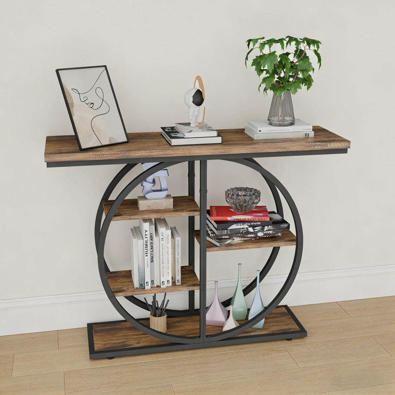 Walnut & Black 5-tier Open Back Horizontal Metal Mdf Console Shelf