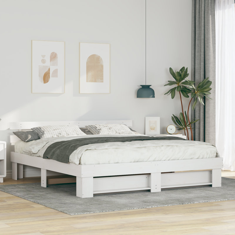 With Headboard Solid Pine Wood, White, Super King (6')