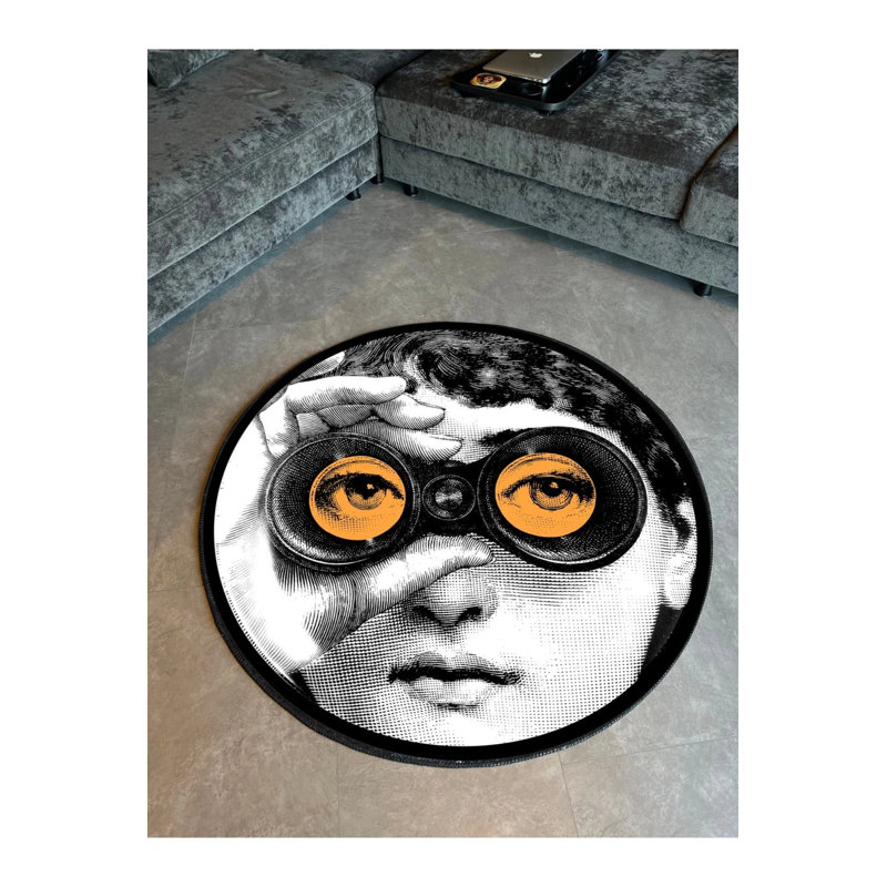 Face Orange Binoculars Themed Black And White Carpet, Round 2'8"