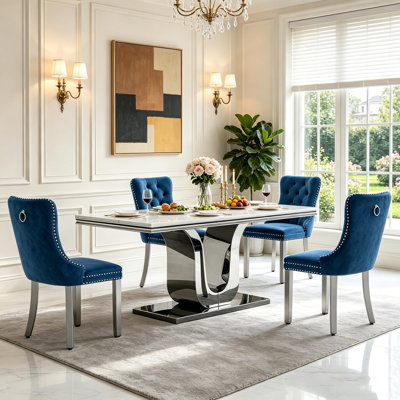 Ensemble de salle à manger de luxe en faux marbre de 173 cm pour 4 personnes avec chaises rembourrées, ensemble de table de cuisine 5 pièces, table à pied centrale en acier argenté en forme de U