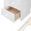 Lit superposé simple au dessus d'un lit double avec tablettes à 3 niveaux, tiroirs et escalier de rangement, blanc