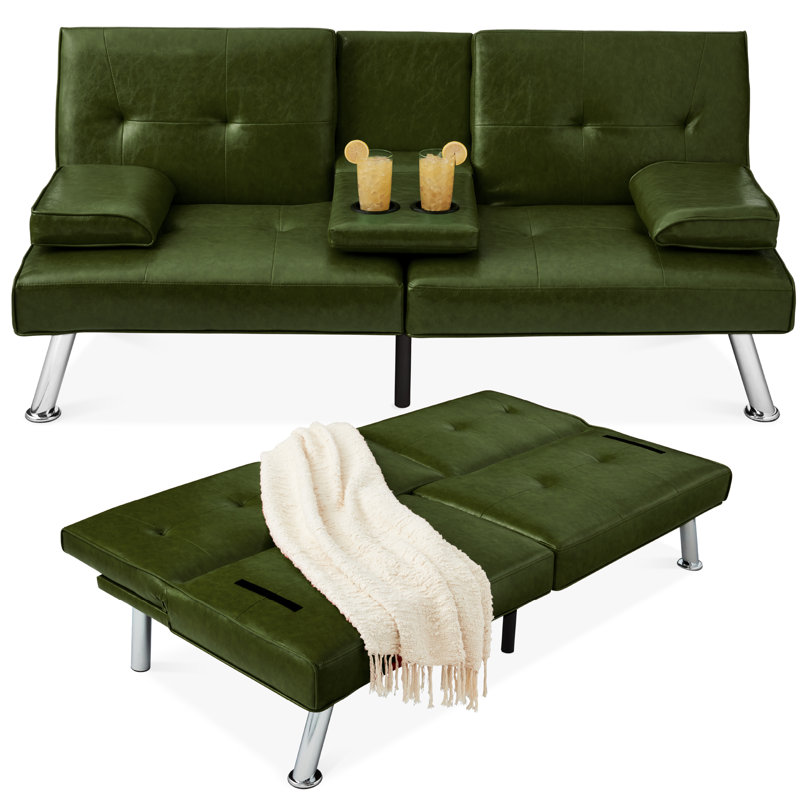 Owlex Modern Convertible Futon Sofa w/ Removable Armrests, 2 Cupholders, Green Faux Leather