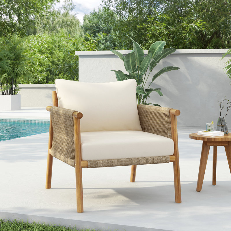 Méridienne d'extérieur moderne tissé de 28 po avec structure en bois massif et coussins en polyester confortables, parfait pour la terrasse, le jardin ou le balcon