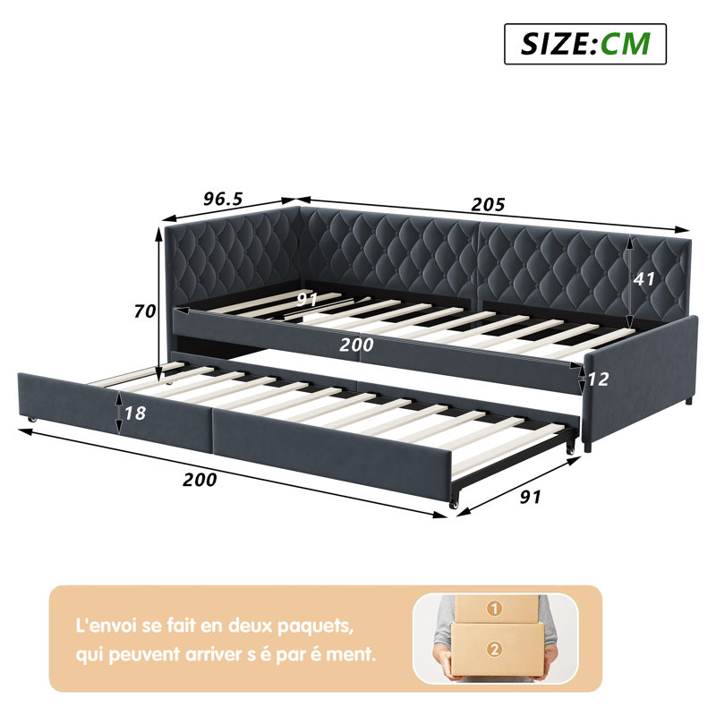 90×200cm Upholstered Daybed, L-Shaped Pull Out Sofabed, Grey