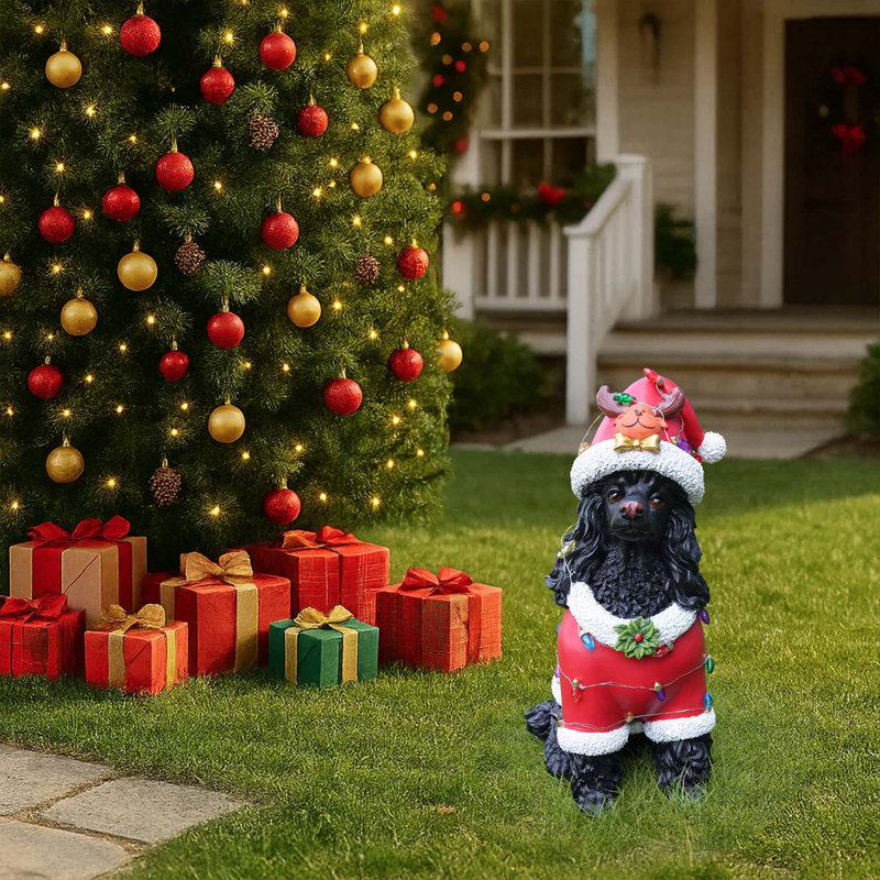 Statue festive de caniche des Fêtes pour une charmante décoration saisonnière (pile incluse), Noir / Rouge