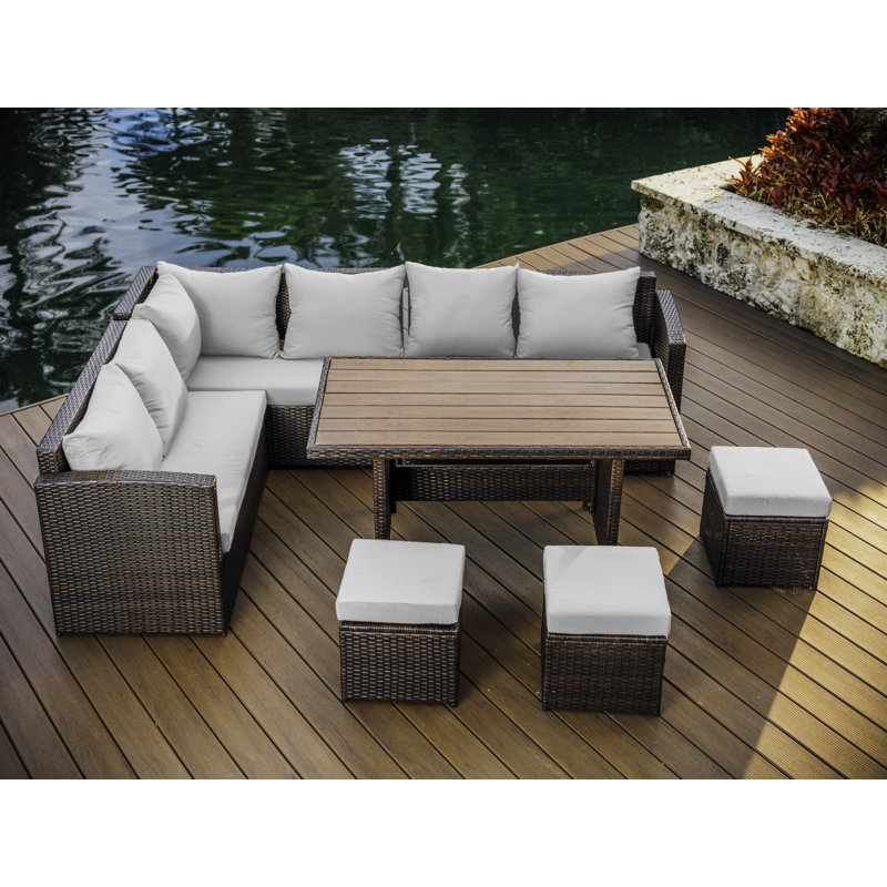Brown Wicker 7-Piece Outdoor Dining Set with Off-White Cushions