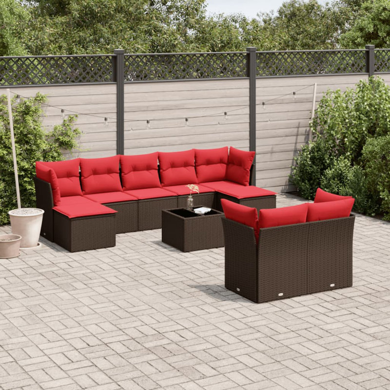 Ensemble de canapé de patio avec coussins en rotin de polyester, 10 pièces: 4 modulaires, 1 table, 3 fauteuils, 2, Rouge