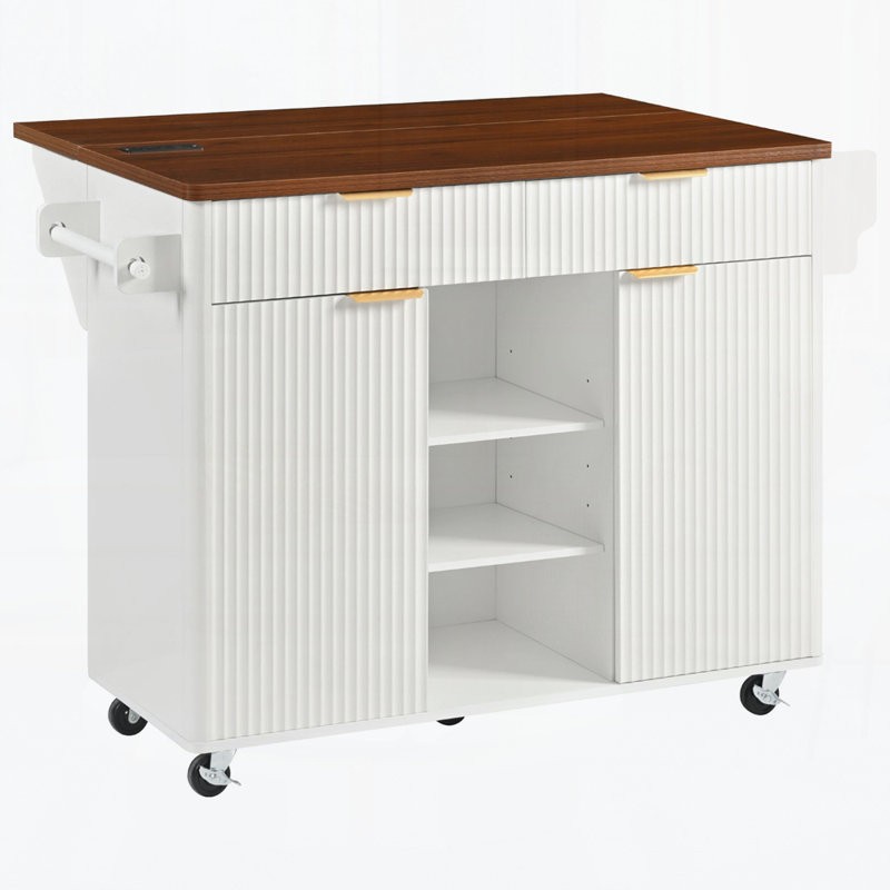 Îlot de cuisine cannelé de 52 po avec rallonge, prise de courant, chariot de rangement de cuisine avec tablettes réglables, 2 portes et 2 tiroirs