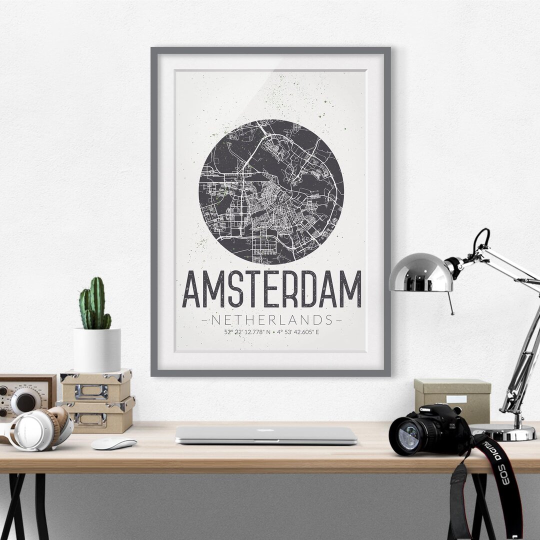 Gerahmtes Papierbild Stadtplan Amsterdam - Retro