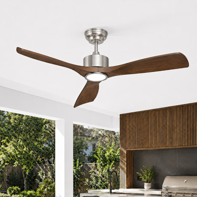 52" Walnut Outdoor Ceiling Fan with Light for Patio Garage Porch Indoor, Weather-Proof Blades & High-Airflow, Quiet DC Motor 3CCT Dimmable LED Ceiling Fan Remote