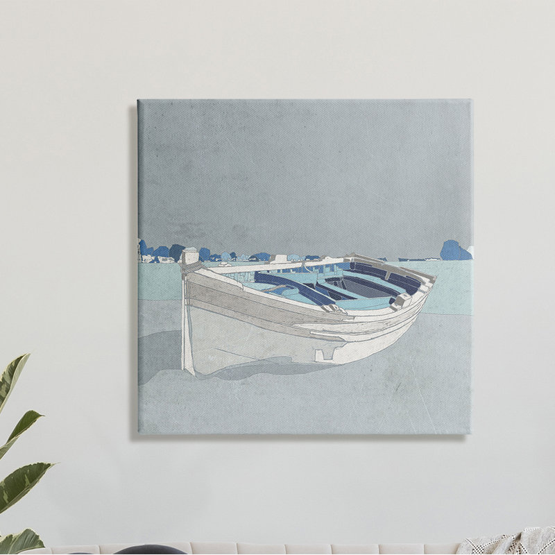 «Beached Row Boat», ville nautique bleue - peinture, Toile tendue, H 30 po x l 30 po
