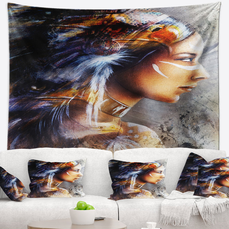 Femme indienne avec tapisserie d'aigles cheval blanc, H 32 po x l 39 po