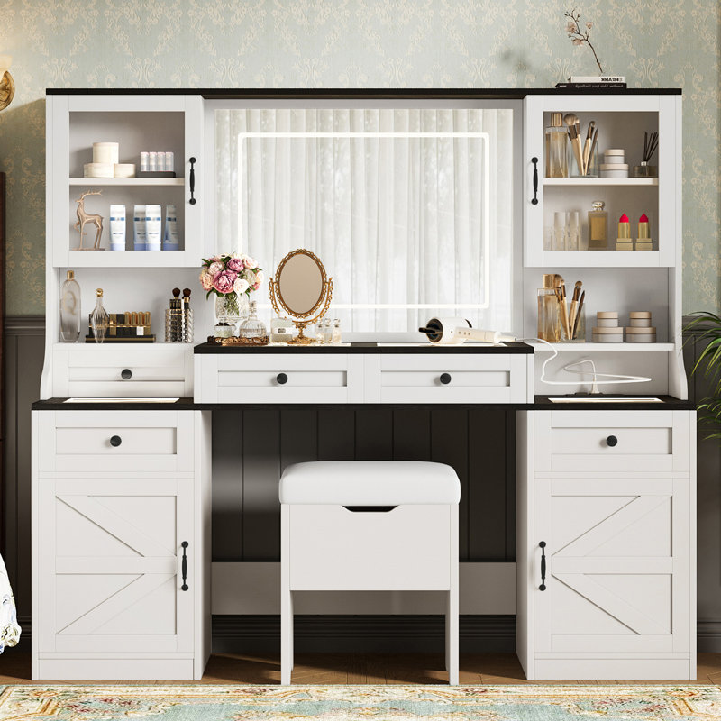 61.5" Farmhouse Vanity Desk With Mirror And LED Lights