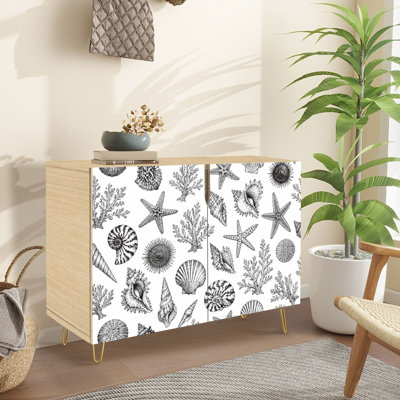 Buffet Buffet avec rangement Coquille de corail sans soudure noir et blanc, étoile de mer, brosse à encre noire avec 2 portes pour le salon et la cuisine