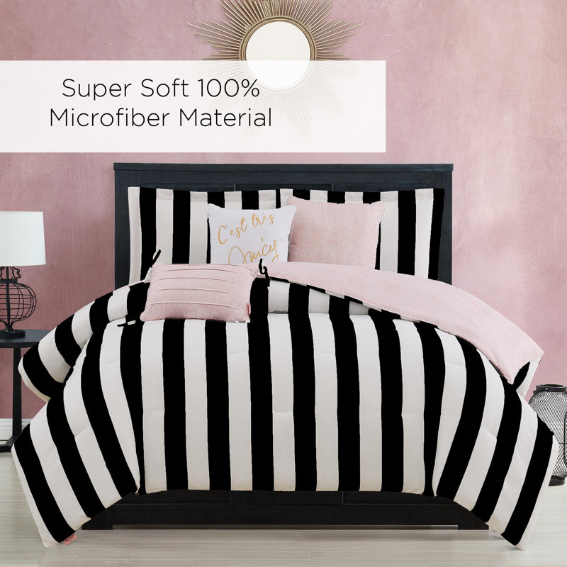 Juicy Couture Cabana Stripe Comforter Sets, Full/Queen Comforter + 2 Shams + 3 Throw Pillows, Black/White