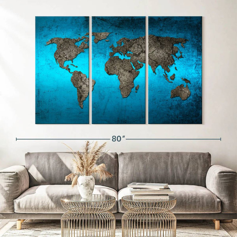 Carte du monde océanique sur toile, ensemble de 3 pièces, H 65 po x l 42 po x P 1,25 po