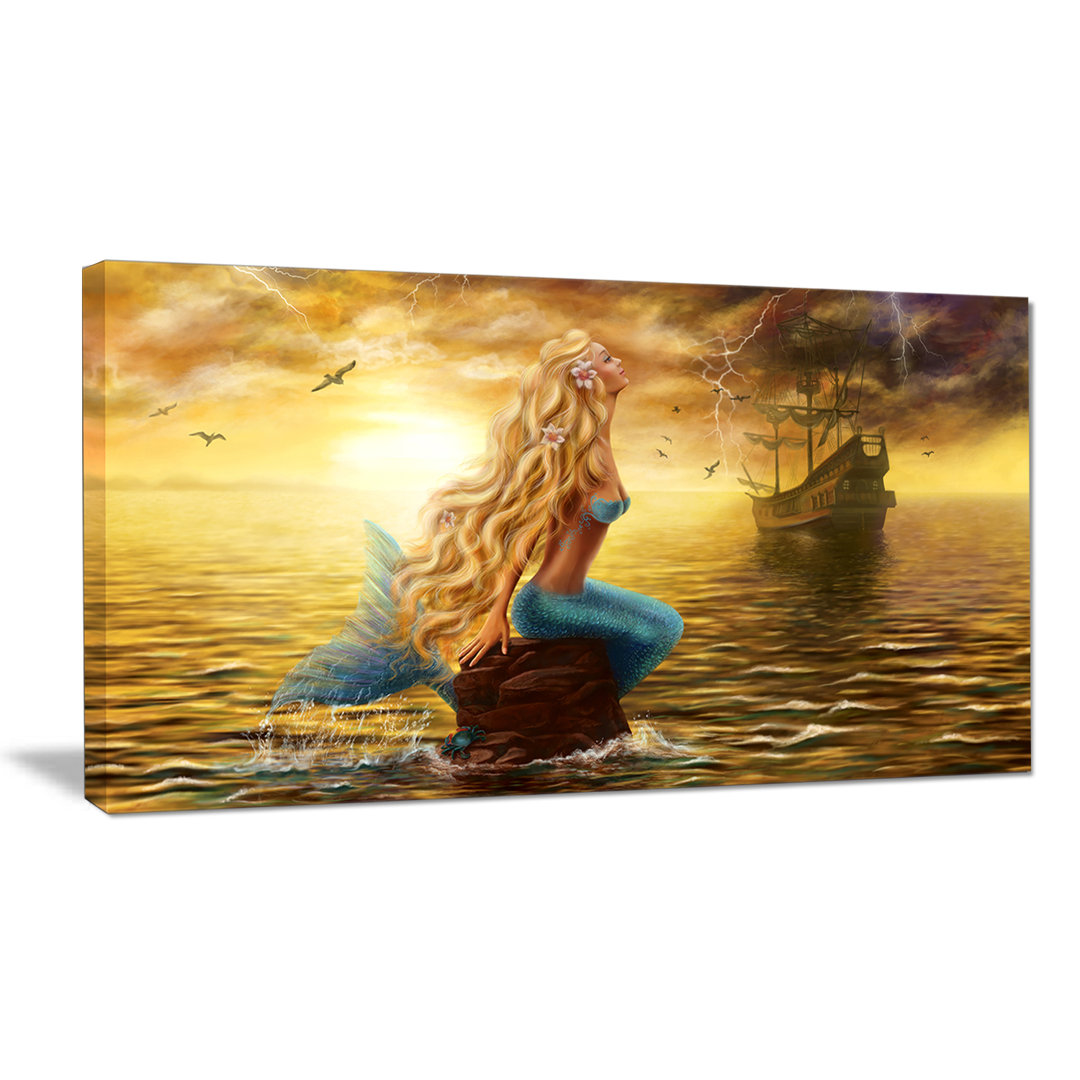 Sea Mermaid with Ghost Ship - Graphic Art Print Ebern Designs