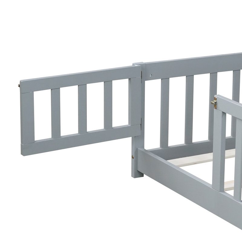 Twin Size Rubber Wood Floor Bed – with Safety Guardrails, Fence & Door, Gray
