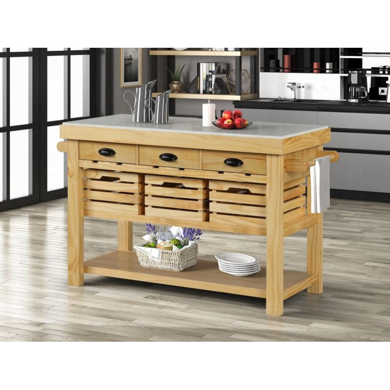 Natural Pine Kitchen Island with Marble Top and Storage