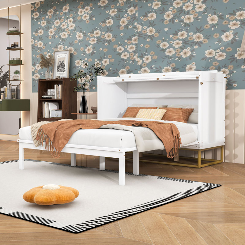 Grand lit escamotable en bois avec lattes, Blanc