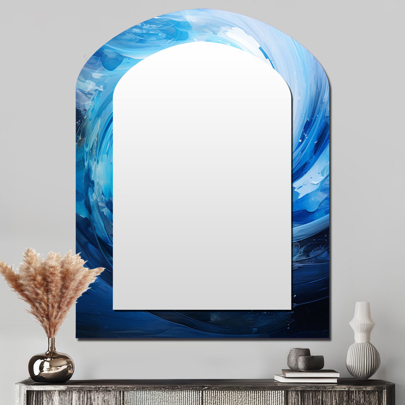 «Blue Swirl Wave Spiral II - Abstract Spirals Asymmetric Unique Wall Mirror Decor, Blue Arch Large Mirror, Art imprimé en métal