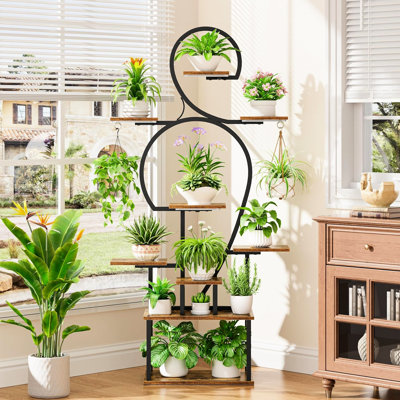 9 Tiered Indoor Plant Stand With Grow , Large - Shaped Metal Structure For Multiple Plants In Balcony, Walnut+Black Color Mix, Open Back Horizontal Sh