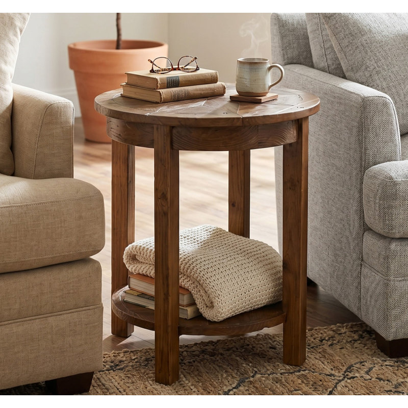 Revive Round Wood End Table with Shelf & Starburst Top