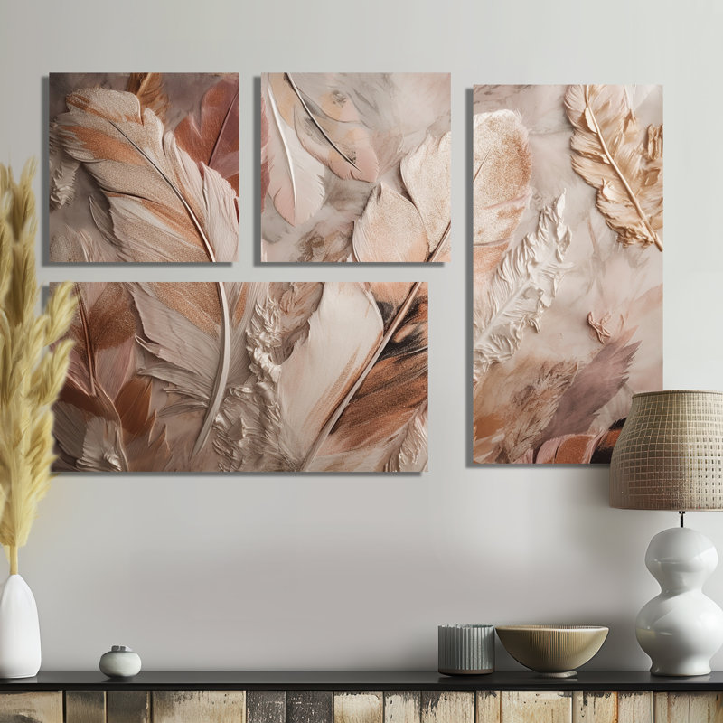 Plumes glamour dorées de Boho Fantasy V - art mural moderne sur toile doré 4 pièces, Toile tendue, Ne s’applique pas